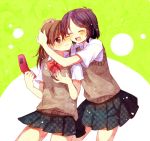  :d ^_^ bangs black_hair blush bow brown_eyes brown_hair brown_vest cellphone cheek-to-cheek closed_eyes closed_mouth hachiko_(hati12) hand_on_another's_head happy holding holding_cellphone holding_phone hug looking_at_viewer multiple_girls open_mouth original phone plaid red_bow red_neckwear school_uniform shirt short_hair short_sleeves simple_background skirt smile sweater_vest vest white_shirt yuri 