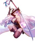  arm_up armpits asymmetrical_gloves belt black_footwear black_gloves black_legwear blue_eyes breasts cleavage commentary_request elbow_gloves gloves granblue_fantasy highres holding holding_sword holding_weapon katana large_breasts lavender_hair long_hair low_tied_hair narmaya_(granblue_fantasy) one_knee open_mouth purple_hair single_thighhigh sleeveless squatting sword thigh_strap thighhighs thighs weapon ya99ru 