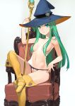  :&lt; armchair artist_request bangs bare_arms bare_shoulders blue_hat boots breasts breasts_apart chair closed_mouth collarbone crossed_legs fingernails green_eyes green_hair hat highres long_hair looking_at_viewer masou_shizuka navel panties panty_pull pink_panties pulled_by_self rance_(series) rance_vi sitting small_breasts solo staff stomach thigh_boots thighhighs topless underwear white_background witch_hat yellow_footwear 
