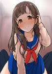  1girl adjusting_hair blue_skirt blurry blurry_background blush brown_eyes brown_hair commentary_request eyebrows_visible_through_hair girl_on_top hair_tucking heart heart-shaped_pupils highres idolmaster idolmaster_cinderella_girls idolmaster_cinderella_girls_starlight_stage long_hair looking_at_viewer mizumoto_yukari neckerchief pleated_skirt pov red_neckwear sailor_collar school_uniform serafuku signature skirt smile solo_focus straddling sweat sweater symbol-shaped_pupils takuji_yuusaku 