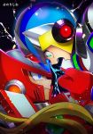  android angry blonde_hair blue_eyes capcom clenched_teeth commentary_request gloves green_eyes helmet highres long_hair male_focus multiple_boys no-rishio open_mouth power_armor red_gloves rockman rockman_x rockman_x2 serious teeth x_(rockman) zero_(rockman) 