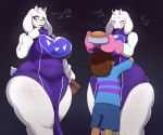  2019 absurd_res anthro big_breasts blush book boss_monster bovid breasts caprine cewljoke child clothed clothing dialogue duo english_text exposed_thighs eyewear female food fur glasses goat hi_res horn hug human larger_female male mammal open_mouth pie protagonist_(undertale) red_eyes signature simple_background size_difference smaller_male sweat text thick_thighs toriel undertale video_games white_fur young 