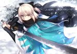  ahoge arm_guards black_bow black_scarf bow covered_mouth fate/grand_order fate_(series) hair_bow half_updo haori holding holding_sword holding_weapon japanese_clothes katana kimono koha-ace okita_souji_(fate) okita_souji_(fate)_(all) sash scarf shiguru shinsengumi short_kimono snow snowing solo sword upper_body weapon 