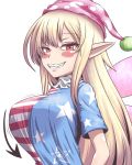  alternate_breast_size american_flag_dress blonde_hair blush_stickers breasts clownpiece commentary_request elder_sign fairy_wings hat jester_cap large_breasts long_hair long_sleeves looking_at_viewer pointy_ears red_eyes sharp_teeth solo teeth touhou wings xialu_zajin 