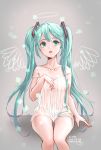  aqua_eyes aqua_hair artist_name character_name chemise collarbone dated grey_background hatsune_miku long_hair myochyo open_mouth panties see-through sitting solo strap_slip twintails underwear very_long_hair vocaloid white_panties 