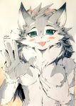  anthro blue_eyes blush breasts canine cute_fangs dog female fur grey_fur holding_breast husky jinya lia looking_at_viewer mammal ribbons signature solo tongue tongue_out traditional_media_(artwork) tuft white_fur あかばね_じん 