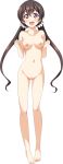  absurdres ass_visible_through_thighs atsuage_(kakinop) barefoot breasts brown_hair clenched_hands full_body highres kandy long_hair looking_at_viewer medium_breasts navel nipples no_pussy non-web_source nude official_art open_mouth pink_eyes solo transparent_background twintails w_arms yuusha_to_maou_to_majo_no_cafe 