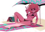  ashido_mina bare_arms bare_legs barefoot beach bikini black_bikini black_sclera boku_no_hero_academia bottle breasts feet highres horns looking_at_viewer lying medium_breasts navel pink_hair pink_skin short_hair side-tie_bikini smile summer swimsuit teeth thehumancopier umbrella underboob v water_bottle yellow_eyes 