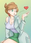  1girl absurdres araragi_(pokemon) blown_kiss breasts brown_hair cleavage coat collarbone earrings eyebrows_visible_through_hair female gradient gradient_background green_eyes green_skirt hand_up heart highres large_breasts lips nauth off_shoulder one_eye_closed open_mouth outline pencil_skirt pokemon pokemon_(game) pokemon_bw shiny shiny_hair shirt short_hair simple_background sitting skirt sleeveless_shirt solo tank_top wink 
