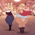  2018 absurd_res anthro big_breasts blonde_hair blue_eyes boots breasts bulge cleavage clothed clothing dickgirl digital_media_(artwork) duo eyeshadow female footwear hair hand_behind_head hi_res huge_breasts hyper hyper_bulge intersex jeans lagomorph lipstick long_hair makeup mammal nipple_bulge pants penis_outline rabbit shirt shorts stunnerpony tank_top thick_thighs wide_hips 