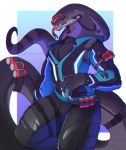  anthro big_pecs claws clothing cobra grey_skin looking_at_viewer male muscular muscular_male overwatch pants pecs qwertydragon red_eyes reptile scalie simple_background snake snake_hood soldier_76_(overwatch) solo standing tactical tongue tongue_out torn_clothing video_games zipper 