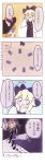  4koma blush_stickers bow card comic commentary_request cookie_(touhou) dress frilled_hat frills hat hat_bow kirisame_marisa l14ntr long_sleeves meguru_(cookie) multiple_girls rei_(cookie) touhou translation_request yuuhi_(cookie) 