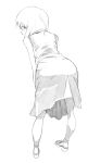  ass bare_legs bare_shoulders bent_over commentary_request dress from_behind full_body hagiwara_yukiho highres idolmaster idolmaster_(classic) kotoyama looking_back monochrome sandals short_hair simple_background sketch sleeveless sleeveless_dress solo 