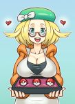  1girl absurdres bel_(pokemon) beret blonde_hair blue_background bow breasts cleavage collarbone female glasses green_eyes green_hat hands_up happy hat hat_bow heart highres holding hood hooded_jacket jacket large_breasts looking_at_viewer nauth open_mouth orange_jacket outline poke_ball poke_ball_(generic) pokemon pokemon_(game) pokemon_bw2 red-framed_eyewear shirt short_hair simple_background smile solo standing teeth undershirt upper_body white_bow white_outline white_shirt 