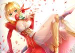  aestus_estus ahoge armored_boots bangs blonde_hair blush boots bow braid breasts cleavage closed_mouth commentary_request dress dutch_angle epaulettes eyebrows_visible_through_hair fate/extra fate_(series) flower green_eyes hair_between_eyes hair_bow hair_bun hair_intakes hand_up highres holding holding_flower juliet_sleeves knee_boots long_hair long_legs long_sleeves medium_breasts nero_claudius_(fate) nero_claudius_(fate)_(all) petals puffy_sleeves red_bow red_dress red_flower red_rose rose see-through sidelocks sleeves_past_wrists sll smile solo wide_sleeves 