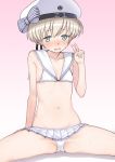  bikini bikini_skirt blue_eyes blush clothes_writing collarbone eyebrows_visible_through_hair feet_out_of_frame gradient gradient_background hat kantai_collection kumadano looking_at_viewer navel pink_background sailor_bikini sailor_collar sailor_hat short_hair silver_hair solo spread_legs swimsuit v white_background white_bikini white_hat white_sailor_collar z1_leberecht_maass_(kantai_collection) 
