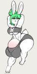  abs angstrom anthro balls better_version_at_source big_balls big_ears blush breasts clothed clothing dickgirl emmy_(bulumble-bee) green_eyes green_hair hair hands_behind_head huge_balls hyper hyper_penis intersex lagomorph looking_at_viewer mammal partially_clothed penis ponytail rabbit simple_background thick_penis thick_thighs under_boob wide_hips 