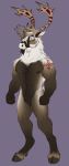  2018 5_fingers anthro antlers blue_eyes cervine digital_media_(artwork) fur hooves horn inkrend male mammal purple_background reindeer simple_background solo white_fur 