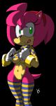 amy_rose anthro black_background bottomless breasts clothed clothing female green_eyes hedgehog is_(artist) legwear looking_at_viewer mammal pussy simple_background socks sonic_(series) thigh_highs tongue tongue_out 