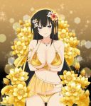  bikini black_eyes black_hair breasts cleavage covered_nipples crossed_arms flower gloves gold_bikini hair_flower hair_ornament jewelry kagura_(senran_kagura) large_breasts long_hair looking_at_viewer necklace official_art parted_lips pendant senran_kagura senran_kagura_new_wave shiny shiny_skin skindentation smile solo swimsuit symbol-shaped_pupils very_long_hair watermark yaegashi_nan yellow 