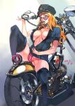  abs aqua_eyes belt blonde_hair boots breasts cameltoe choker collarbone covered_nipples cuffs dated f.s. ground_vehicle handcuffs highres long_hair motor_vehicle motorcycle mouth_hold navel no_bra original police police_uniform policewoman spread_legs sunglasses thigh_boots thighhighs thighs undressing uniform unzipped 