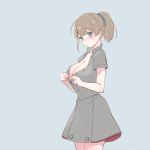  alternate_costume blue_background blue_eyes blush breasts brown_hair buttons cleavage cowboy_shot dress emia_wang eyebrows_visible_through_hair grey_dress intrepid_(kantai_collection) kantai_collection large_breasts open_clothes ponytail short_hair short_sleeves simple_background solo standing twitter_username 