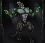  2018 anthro biceps big_muscles castle claws clothed clothing crystal digitigrade dragon front_view growth half-erect humanoid inside korozar_(artist) korozar_(character) line_art looking_at_viewer male muscle_growth muscular muscular_male night pecs penis pinup pose raised_arm red_eyes scalie shaded skimpy solo standing teeth topless vein veiny-penis veiny_muscles 