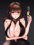  absurdres ahoge alternate_costume arm_under_breasts armlet bangs black_dress blunt_bangs blush breast_hold breasts brown_hair casual champagne_flute choker cleavage commentary_request cup dress drinking_glass dsr-50_(girls_frontline) earrings eyebrows_visible_through_hair girls_frontline grey_background hair_ornament heart highres holding holding_cup jewelry large_breasts long_hair looking_at_viewer no_bra parted_lips pendant red_eyes ruby_(stone) sidelocks simple_background skindentation smile solo upper_body ytoy 
