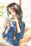  blue_shirt book braid brown_eyes couch cup day drinking hair_ornament hair_over_shoulder holding holding_book indoors long_hair marker_(medium) open_book plant shirt sitting solo teacup tegaki_no_yuu traditional_media window 