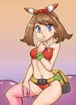  1girl absurdres bag bare_shoulders bikini blue_eyes breasts brown_hair collarbone eyebrows_visible_through_hair female gradient gradient_background hand_up haruka_(pokemon) haruka_(pokemon)_(remake) headband highres lips nauth navel outline pokemon pokemon_(game) pokemon_oras red_bikini red_headband shiny shiny_skin simple_background sitting small_breasts solo strapless swimsuit transparent 