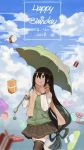  alternate_costume animal_themed_umbrella asui_tsuyu black_eyes black_hair black_legwear black_skirt boku_no_hero_academia bow_by_hair box cloud cowboy_shot dated day gift gift_box green_jacket hair_between_eyes hair_rings happy_birthday highres holding holding_umbrella jacket letterman_jacket liyuchen1126 long_hair long_sleeves looking_up low-tied_long_hair miniskirt pleated_skirt raglan_sleeves rain scarf skirt sky solo thighhighs umbrella very_long_hair zettai_ryouiki 