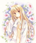  blonde_hair floral_background head_tilt long_hair long_sleeves looking_at_viewer marker_(medium) navel no_bra open_clothes open_shirt pink_eyes sakura-sou_no_pet_na_kanojo shiina_mashiro shirt solo tegaki_no_yuu traditional_media unbuttoned unbuttoned_shirt upper_body very_long_hair white_shirt 