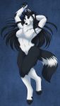  2018 4_toes 5_fingers anthro black_fur black_hair black_nose blue_eyes breasts canine digital_media_(artwork) digitigrade dog featureless_breasts female fur hair inkrend mammal navel smile solo toes white_fur 