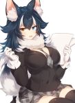  :3 :d animal_ear_fluff animal_ears between_breasts black_hair blue_eyes blush breasts cowboy_shot gloves grey_skirt grey_wolf_(kemono_friends) hair_flaps hands_up heterochromia holding holding_paper holding_pencil kemono_friends large_breasts multicolored_hair necktie necktie_between_breasts open_mouth paper pencil plaid plaid_neckwear plaid_skirt sitting skirt smile solo thighhighs two-tone_hair white_gloves white_hair yamaarashi yellow_eyes 
