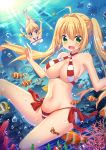  ahoge artoria_pendragon_(all) artoria_pendragon_(swimsuit_archer) bikini blonde_hair breasts craytm criss-cross_halter fate/grand_order fate_(series) fish green_eyes hair_intakes halterneck highres motion_blur multiple_girls navel nero_claudius_(fate)_(all) nero_claudius_(swimsuit_caster)_(fate) red_bikini saber side-tie_bikini striped striped_bikini swimsuit twintails underwater white_bikini 