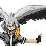  370ml bangs bare_arms bird_wings black_gloves black_hair breast_pocket closed_eyes collared_shirt commentary_request facing_viewer fingerless_gloves gloves grey_hair grey_shirt hair_over_one_eye hand_up head_wings highres kemono_friends long_hair low_ponytail multicolored_hair necktie open_mouth orange_hair outstretched_arm parted_bangs pocket shirt shoebill_(kemono_friends) short_sleeves side_ponytail simple_background sketch smile solo spread_wings upper_body white_background white_neckwear wings 