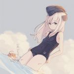  black_swimsuit blonde_hair blue_eyes blue_sky breasts cloud commentary_request covered_nipples cowboy_shot day dutch_angle eyebrows_visible_through_hair garrison_cap hat highres i-58_(kantai_collection) kantai_collection kokudou_juunigou long_hair multiple_girls one-piece_swimsuit outdoors school_swimsuit sky small_breasts solo_focus swimsuit u-511_(kantai_collection) water 