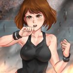  absurdres bangs black_shirt boku_no_hero_academia breasts brown_eyes brown_hair clenched_hand crowd debris dirty embers frown highres large_breasts looking_at_viewer open_mouth ragecndy shirt short_hair solo_focus stadium sweatband tank_top upper_body uraraka_ochako 