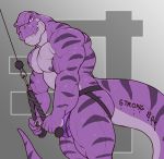  2018 abe_(myroneterni) anthro biceps big_muscles bulge butt claws clothed clothing dinosaur english_text exercise grin hi_res holding_object jockstrap looking_at_viewer male markings muscular muscular_male nightterror nipples partially_clothed pecs pink_eyes purple_nipples purple_skin rope simple_background smaller_version_at_source smile solo standing teeth text theropod thick_tail thick_thighs tyrannosaurus_rex underwear vein weightlifting workout 