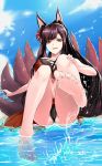  2018 5_toes akagi_(azur_lane) animal_humanoid azur_lane barefoot beach brown_hair camel_toe clothed clothing eyelashes feet female flower flower_in_hair foot_focus fox_humanoid hair humanoid humanoid_feet inner_ear_fluff long_hair looking_at_viewer multi_tail navel open_mouth plant seaside sitting sky soles solo swimsuit toes water wet 風牙 