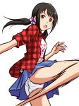  :o black_hair blue_skirt brown_eyes commentary_request cowboy_shot crotch_seam flower from_side hair_flower hair_ornament hair_tie idolmaster idolmaster_cinderella_girls kicking layered_clothing lielos long_hair looking_at_viewer miniskirt motion_blur nakano_yuka open_clothes open_mouth open_shirt panties pantyshot pantyshot_(kicking) plaid plaid_shirt pleated_skirt print_shirt red_shirt shirt simple_background skirt sleeves_rolled_up solo standing twintails underwear v-shaped_eyebrows white_background white_panties white_shirt 