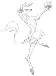  anthro antlers black_and_white cervine cloven_hooves dancing digitigrade eyes_closed hooves horn magic male mammal maskedhusky monochrome nude sketch smile solo tail_tuft tuft 