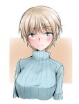  bangs blonde_hair blue_eyes blue_sweater brave_witches closed_mouth commentary cropped_torso eyebrows_visible_through_hair highres looking_at_viewer military military_uniform nikka_edvardine_katajainen ribbed_sweater shichisaburo short_hair smile solo sweater turtleneck uniform upper_body world_witches_series 