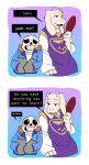  &lt;3 animated_skeleton anthro blush bone boss_monster caprine clothed clothing comic dress duo english_text female fur goat hi_res hoodie horn looking_at_mirror m1nktank male mammal mirror open_mouth reflection sans_(undertale) skeleton teeth text tongue toriel undead undertale video_games white_fur 