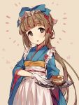  apron bad_id bad_pixiv_id blue_kimono blush bow brown_eyes brown_hair cowboy_shot eyebrows_visible_through_hair flower food frills gloves hair_bow hair_flower hair_ornament highres holding holding_tray idolmaster idolmaster_cinderella_girls japanese_clothes kimono long_hair looking_at_viewer macaron maid_apron maid_headdress open_mouth ponytail simple_background smile solo tamaext tray wa_maid waist_apron waitress white_apron wide_sleeves yorita_yoshino 