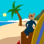  anthro arthropod barefoot beach blue_eyes clothed clothing crab crustacean feline female flat_chested half-closed_eyes mammal marine ms_paint navel one-piece_swimsuit outside palm_tree sea seaside sitting solo sun surfboard swimsuit tree unknown_artist water wide_hips 