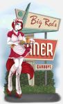  2015 anthro burger car_hop clothed clothing cup ear_piercing english_text equine female food glass hair hat hi_res holding_food holding_object horse mammal outside pencil_(object) phathusa piercing red_hair rollerskates skating smile smirk solo text 