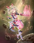  armor armored_boots blonde_hair boots cardfight!!_vanguard company_name gloves hair_ornament lady_healer_of_the_torn_world midriff navel official_art red_eyes rock solo sparkle tadokoro_teppei 