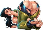  1girl all_fours anus ass asymmetrical_hair barefoot black_hair blush breasts brown_eyes capcom curvy dark_skin edit feet female foot hips huge_ass large_breasts laura_matsuda long_hair looking_back nipples no_panties pussy reiq shiny smile solo street_fighter street_fighter_v thick_thighs thighs toes uncensored wide_hips 