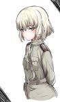  alternate_costume arms_behind_back bangs belt black_belt blonde_hair blue_eyes closed_mouth commentary_request cropped_torso epaulettes eyebrows_visible_through_hair frown girls_und_panzer green_jacket high_collar highres holster jacket katyusha looking_at_viewer military military_uniform sam_browne_belt shichisaburo short_hair simple_background solo standing uniform upper_body white_background 
